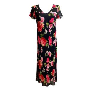 Carol Anderson 1990's Dark Floral Rayon Dress With Ruffle Trim